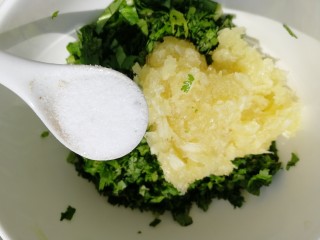 11、烧烤味蒜茄子,香菜切末和蒜泥一起，放入两小勺盐。