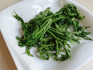 9、炸香椿鱼,将焯水后的香椿攥干水分,大棵的香椿用手掰成小枝。然后加入少许的食盐拌匀。