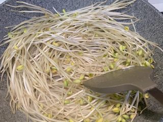 5、腊肠炒豆芽,放入豆芽翻炒均匀