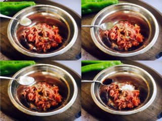 2、春节初二回娘家三鲜卤面四拌菜之二 青椒炒肉丝,要想把肉丝炒的嫩滑，首先要把肉丝入味上浆。在肉丝里放入少许的白胡椒粉、1勺料酒、1小勺的生抽、1勺的淀粉。