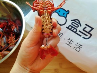 5、青花椒辣卤小龙虾,断生的小龙虾捞出晾一下，捏着小龙虾的尾巴最后一节，左右拧一下抽出虾线，如图。