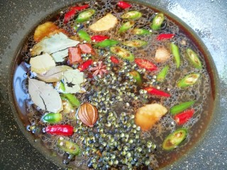 9、青花椒辣卤小龙虾,下入准备好的辣椒、生姜和香辛料，放盐调味，烧开以后小火煮10分钟。