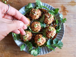 17、蒸拌鸡胸虾仁丸子——谁说要健身只能吃白水煮鸡胸肉？,撒上花生碎，香菜末，白芝麻。