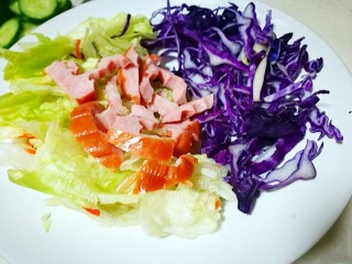 11、糖尿病菜谱～鹰嘴豆蔬菜沙拉,盘中摆好生菜丝 紫甘蓝丝 火腿