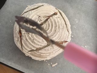 7、蔓越莓黑麦藤篮法式欧包,开始割包。