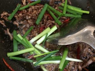 14、豆芽爆炒小肉丝,煸炒几秒干辣椒后放入葱段