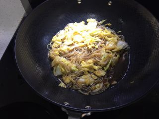 10、酱香浓郁白菜炖粉条,加入适量的盐、五香粉，因为生抽、老抽都是咸的，所以盐要少放，小半勺就好。
