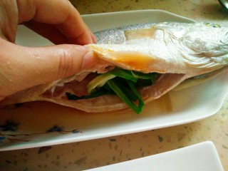 6、清蒸黄花鱼,鱼腌制好后,往鱼肚子塞葱段