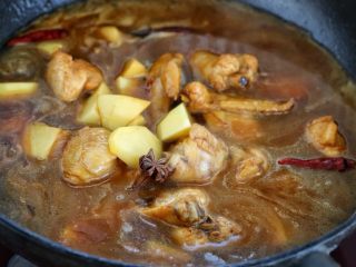 8、鸡翅腐竹烧土豆,添入清水与锅中食材持平，然后投入八角，盖上锅盖大火烧开后改中小火炖煮约二十分钟