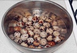 1、虎皮鹌鹑蛋红烧肉,将鹌鹑蛋放入小锅之中，倒入冷水，煮熟后，捞出放入冷水中浸泡一会