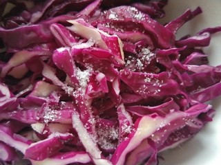 3、爽口麻汁儿拌三丝,撒一些盐抓匀腌制一会