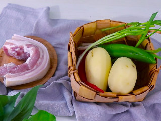 1、五花肉烧土豆,1：准备食材五花肉400g 土豆2个  青红椒各一个