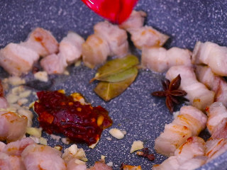 8、五花肉烧土豆,五花肉炒出油后，放入八角 桂皮 香叶和花椒粒炒出香味，再放入一勺豆瓣酱