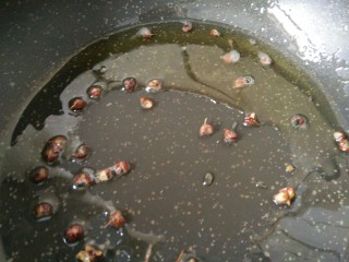 12、凉拌麻辣藕片,热锅凉油下入花椒粒小火烧至冒青烟