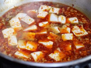 13、麻婆豆腐,放入豆腐，不要用铲子铲，轻轻晃动锅子，让豆腐均匀裹上汤汁。煮2,3分钟，让豆腐更入味