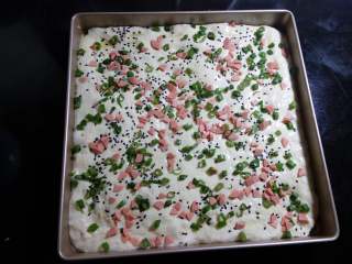 12、肉松面包卷,均匀撒上芝麻、香葱碎、火腿粒等。