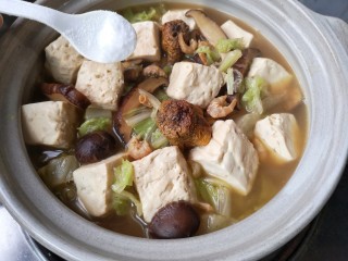 14、白菜豆腐煲,中小火炖煮20分钟至白菜软烂后加适量盐再炖煮10分钟至豆腐入味。