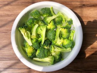 2、杏鲍菇炒西兰花,首先把西兰花切成小朵，清洗干净放入碗里，放入一勺盐，再加入适量水，浸泡30分钟，浸泡好清洗干净沥水待用。