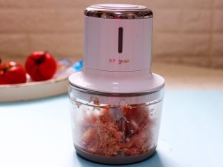 3、番茄肉丸汤,把切碎的葱姜和猪肉块放入东菱无线绞肉机里搅成肉泥。