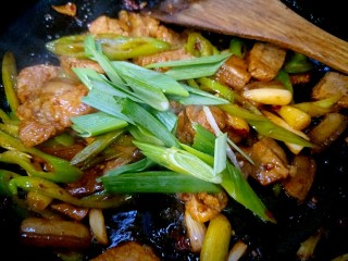 16、回锅肉,最好放入蒜苗叶子。