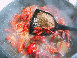 14、十三香小龙虾,放入盐、鸡精、十三香、料酒、生抽、味极鲜、干辣椒（喜欢吃辣多放些辣椒）翻炒均匀