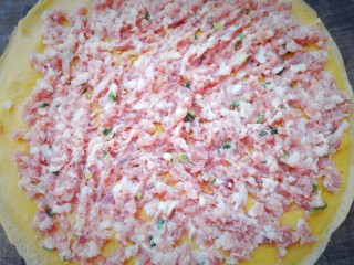 11、年味~树花菜蒸蛋卷,将备好的肉末均匀的抹在每张蛋皮上