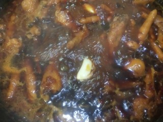 10、红烧鸡爪,水开放入蒜瓣，花椒，生抽，老抽，小茴香，改小火炖30分钟