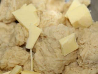 5、紫菜肉松面包,和面2分钟后加入黄油