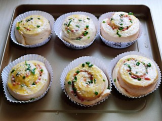 13、沙拉火腿面包卷,取出发酵好的面包胚，是原来的1.5倍大，刷上蛋液，撒上白芝麻。