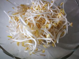 2、酸辣绿豆芽炒肉丝,绿豆芽两把，泡盐水十分钟，洗净备用。