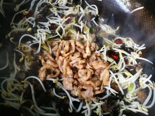 11、酸辣绿豆芽炒肉丝,然后加入炒好的肉丝，迅速翻炒一两分钟，出锅。
