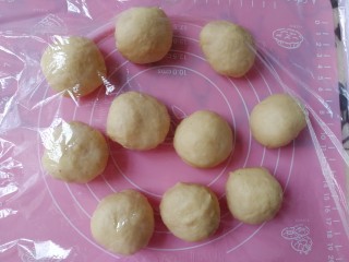 9、海苔肉松面包卷,排好气的面团分成十份，揉成小小的圆，盖上保鲜膜，静置20分钟。