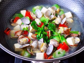 15、丝瓜花蛤炖豆腐,大火煮沸即可关火,撒上香菜段即可。