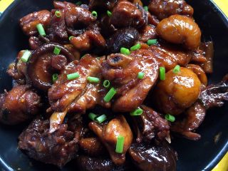 16、香菇栗子炖鸡,装盘撒葱花