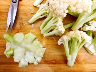 6、国民女神来了～老干妈辣炒菜花鸡胸肉,用剪刀将菜花一朵朵剪下来，老梗就不要了