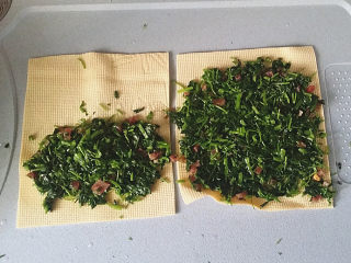 13、苜蓿香肠百叶卷,取二张豆皮放至案板上、然后如图铺上苜蓿香肠馅料