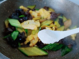 15、黄瓜木耳炒鸡蛋,加一点盐调味。把调料翻炒均匀即可关火。