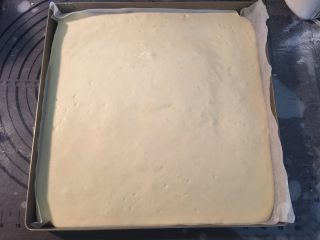 11、海苔肉松蛋糕卷,烤盘铺上烤纸，将蛋糕糊倒入到烤盘上，轻震几下