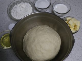 1、香葱手撕肉松面包,备齐中种所用材料,揉成面团，室温发酵至2倍大，面团蓬松有蜂窝状的状态。图中是已近发酵好的中种以及主面团材料