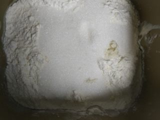 2、香葱手撕肉松面包,中种剪成小块，放入面包桶中，加入主面团中除黄油外的所有材料，运行一个揉面程序