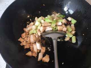 13、宫保鸡丁,放入葱段炒匀