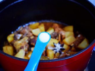 14、排骨炖土豆,加入盐调味