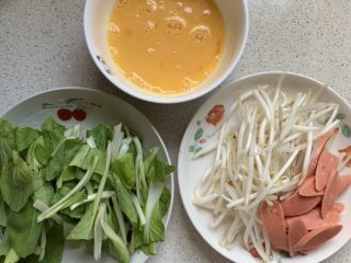 1、家常炒面,蔬菜洗净、火腿切片，鸡蛋打散