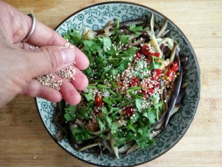10、风味手撕茄子,根据个人口味加点白芝麻提香。