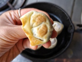 18、抱蛋馄饨——每天叫你的不是梦想，是早餐！,中小火煎到馄饨的一面定型（可以拿起馄饨看看馄饨底面微黄即可）。
