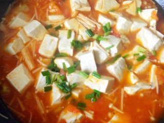 15、茄汁金针菇炖豆腐,放一点薄薄的水淀粉勾芡，放香葱。