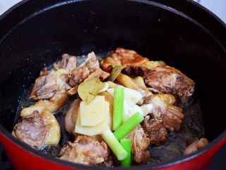 5、红烧鸭子,加入葱姜蒜、八角、桂皮、香叶、干红辣椒炒出香味