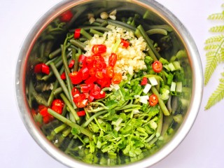 6、鲜嫩可口的凉拌蕨菜,倒入准备好的配料。