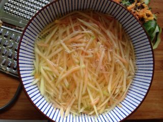 3、酸辣木瓜,用粗擦子擦成粗丝入冰水浸泡10分钟（木瓜遇冷口感更好）