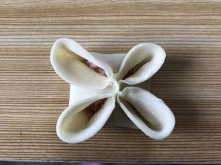 6、四喜蒸饺,再将四边捏合,如图;